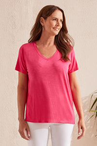 SHORT SLEEVE TOP WITH SPECIAL STITCHING-Raspberry
