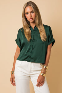 Satin Button Down Blouse-Hunter Green