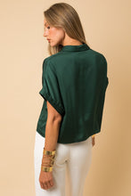 Satin Button Down Blouse-Hunter Green