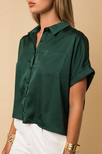 Satin Button Down Blouse-Hunter Green