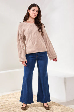 Cable-Knit Textured Crewneck Sweater-Almond Latte Heather