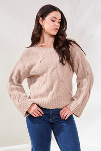 Cable-Knit Textured Crewneck Sweater-Almond Latte Heather