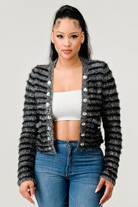 Stripe Fuzzy Cardigan-Black