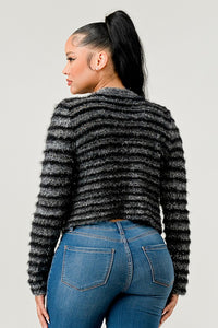 Stripe Fuzzy Cardigan-Black