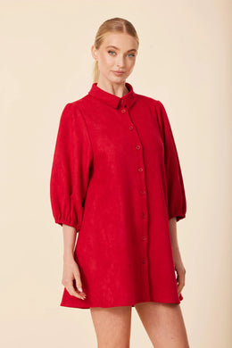 Faux Suede Exaggerated Sleeve Dress/Tunic-Deep Red