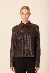 Faux Leather Laser Cut Shirt-Coffee