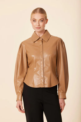 Faux Leather Darted Waist Top-Caramel