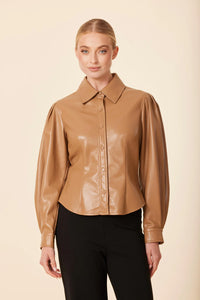Faux Leather Darted Waist Top-Caramel