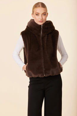 Faux Fur Zip Hoody Vest-Brown