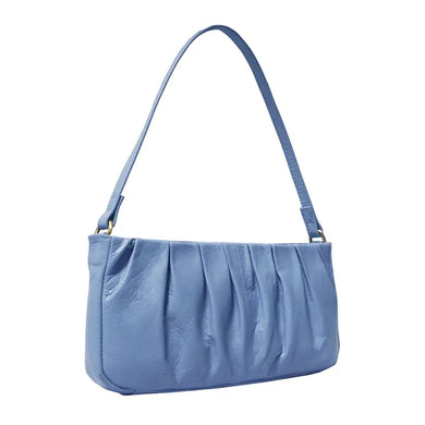 'ivy' Pale Blue Pleated Real Leather Baguette Shoulder Bag