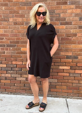 Black-SHIFT KNIT DRESS W/ SLV DTL