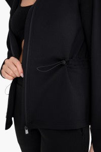Jacquard Ribbed Hooded Jacket with Thumbholes-Black