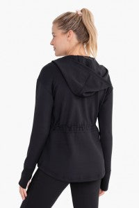 Jacquard Ribbed Hooded Jacket with Thumbholes-Black