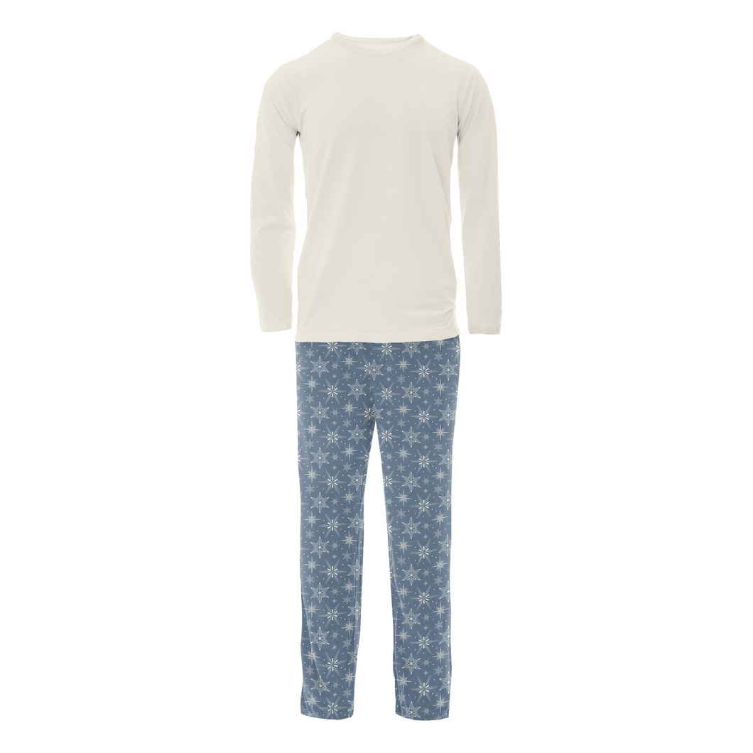Men's Print Long Sleeve Pajama Set (Parisian Blue Snowflakes)