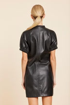 Faux Leather V-Neck Short Sleeve Dress-Black