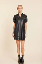 Faux Leather V-Neck Short Sleeve Dress-Black