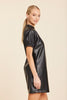 Faux Leather V-Neck Short Sleeve Dress-Black