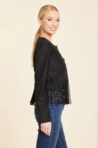 Faux Suede Fringe Jacket-Black