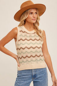 Taupe Pointelle Knit Sweater Vest