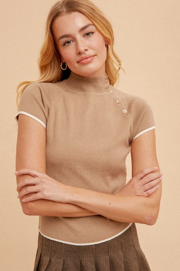 Mock Neck Pullover-Taupe