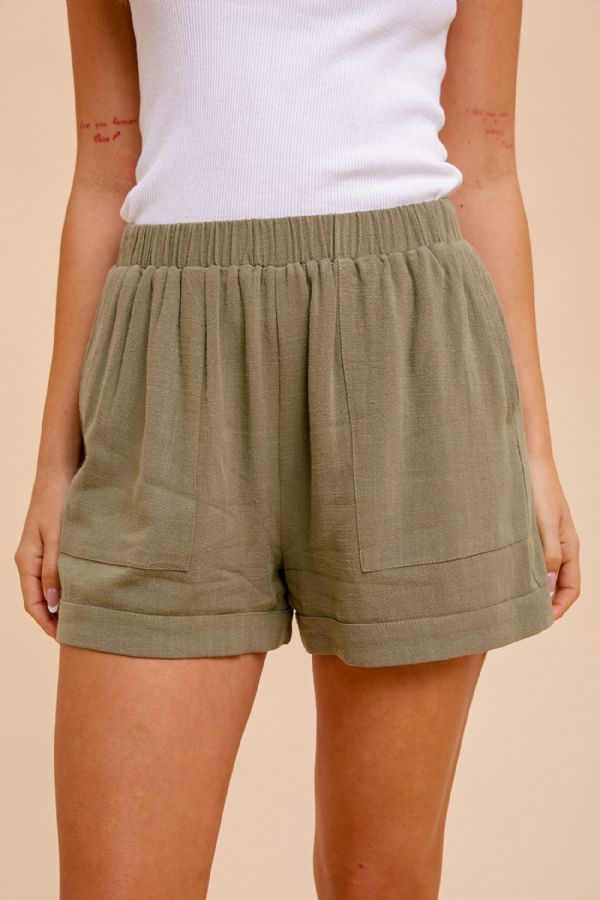 Natural Linen Shorts-Olive
