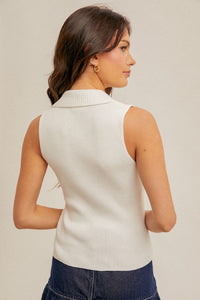 Collared Ribbed Tank-White