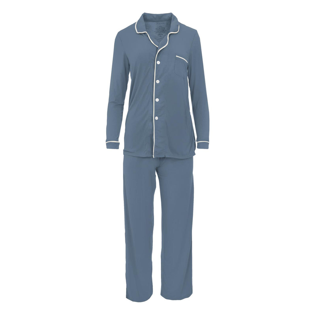 Women's Long Sleeve Collared Pajama Set (Deep Sea with Natural)