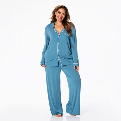 Women's Long Sleeve Collared Pajama Set (Parisian Blue with Natural)