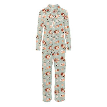 Women's Print Long Sleeve Collared Pajama Set in Aloe Fall Floral