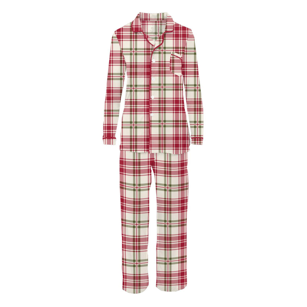 Women's Print Long Sleeve Collared Pajama Set (Fireside Plaid)