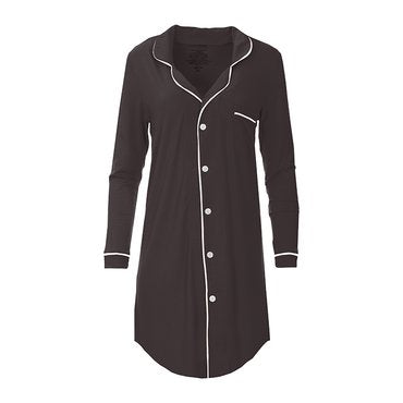 Women's Long Sleeve Button Down Night Shirt in Midnight with Natural