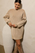 MOCK NECK CABLE SWEATER MINI DRESS-Camel