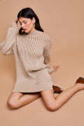 MOCK NECK CABLE SWEATER MINI DRESS-Camel