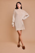 MOCK NECK CABLE SWEATER MINI DRESS-Camel