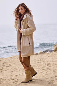 Faux Sherpa Zip-Front Hooded Coat With Drawcord