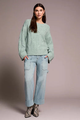 Cable-Knit Textured Crewneck Sweater-Silverpine Heather