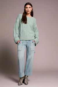 Cable-Knit Textured Crewneck Sweater-Silverpine Heather