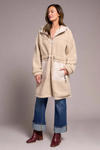 Faux Sherpa Zip-Front Hooded Coat With Drawcord