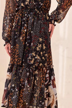 MIXED PRINT DRAMA DRESS W/ SMOCKING DTLS-RusticBrown