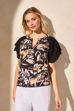 Eyelet Flutter Slv Blouse-Black