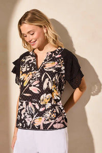 Eyelet Flutter Slv Blouse-Black