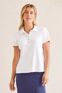 White-SHORT-SLEEVE POLO TOP WITH BUTTON PLACKET