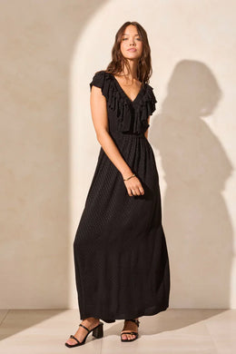 Swiss Dot Open Back Maxi Dress With Frill-Accent-Black