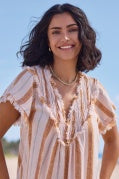S/S BLOUSE W/ RAW EDGE & SMOCKING-SAHARABEIGE