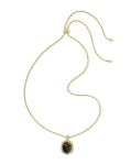 TIGER STRIPED DAPHNE SMALL LONG PENDANT NECKLACE GOLD DARK BROWN HAWK'S EYE