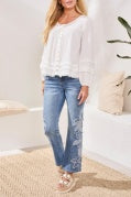 BTN FRT TIERED A-LINE BLOUSE W/SMOCKING & RAW EDGE-OceanPearl