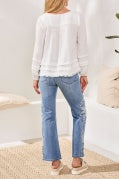 BTN FRT TIERED A-LINE BLOUSE W/SMOCKING & RAW EDGE-OceanPearl