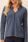 L/S SPLIT NK SWEATER W/TIPING-Blue Fog