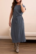 CAP SLV CREW NECK DRESS W/BELT-SlateBlue