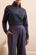 L/S ZIP FUNNEL NECK TOP W/STITCHING-Sapphire